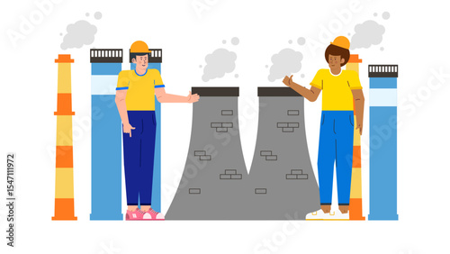 Two workers at factory emitting smoke, suitable for environmental, industrial or pollution related concepts and designs, showcasing workers in industrial settings.