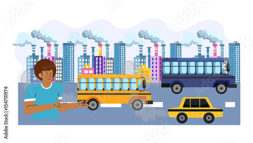 Man stands near polluting vehicles and a factory emitting smoke, showcasing air pollution issue. Suitable for environmental awareness campaigns and educational materials.
