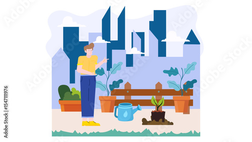 Man tending plants near city backdrop with watering can. Suitable for gardening, urban farming, city living, sustainability, and environmental themes.