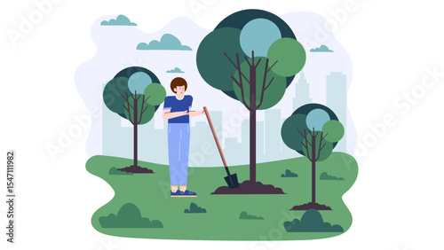 Person planting a tree in a city park, suitable for environmental campaigns, urban greening initiatives, community gardening projects, and sustainability themes.
