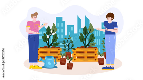 Two people maintaining a rooftop garden in a city setting. Suitable for environmental and urban gardening concepts in stock photos.