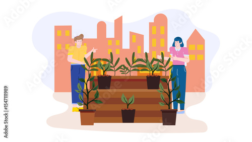 Two people admiring potted plants on a tiered wooden stand, suitable for gardening or home decor concept designs.