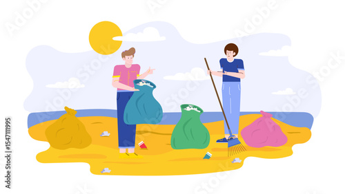 Two people cleaning a beach, collecting litter into trash bags. Suitable for environmental conservation, volunteerism, beach cleanup, pollution, sustainability campaigns.