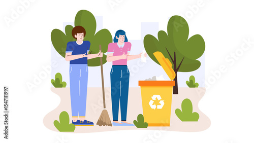 Two people cleaning a park near a recycling bin, suitable for environmental conservation and volunteerism themed designs and projects.