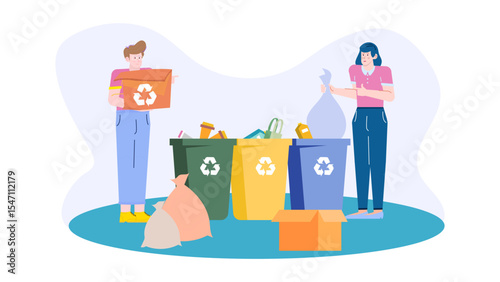 Two people sorting recyclables into bins. Ecofriendly concept for recycling, waste management, sustainable living, environmental activism, or green technology projects.