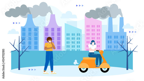 Polluted cityscape with masked people and a scooter; perfect for environmental articles or designs addressing air pollution in urban areas.