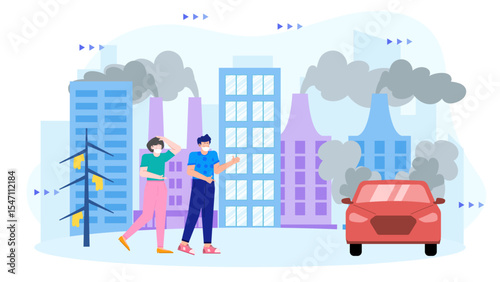 Two masked people near polluting city car and factory, suitable for environmental awareness campaigns and educational materials. Environmental activism concept.