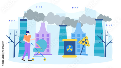 Mother pushing a stroller near polluting factories, illustrating environmental concerns. Suitable for Eco conscious concepts, pollution awareness campaigns, and urban environmental issues.