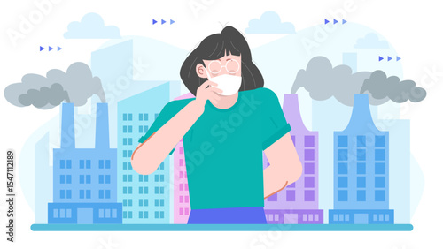 Person in mask navigates polluted city. Suitable for environmental, health, pollution awareness, and climate change concepts in design and editorial.