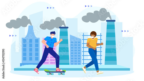 Two masked individuals appreciate a polluted cityscape. Suitable for environmental activism, urban pollution awareness campaigns, or dystopian visual content.