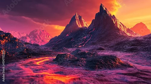 Majestic mountains at sunset with vibrant colors illuminating the rocky landscape and serene valleys
