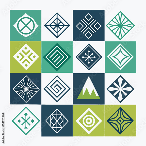 Geometric Tiles Pattern: An array of intricately designed square tiles showcases a mesmerizing pattern of geometric shapes, harmonizing clean lines and vibrant shades of green and blue.