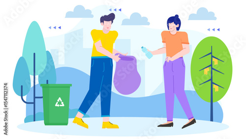 Two people cleaning up garbage by a green recycling bin. Perfect for ecofriendly concepts, waste management, community cleanup projects.