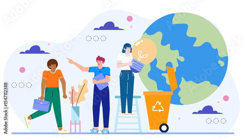 People collaborating on recycling ideas near a large earth. Perfect for environmental campaigns, education materials, or sustainable development concepts.