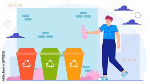 Man recycles a bottle into colorful bins. Suitable for ecofriendly concepts, recycling initiatives, waste management, sustainability projects in visual content creation.