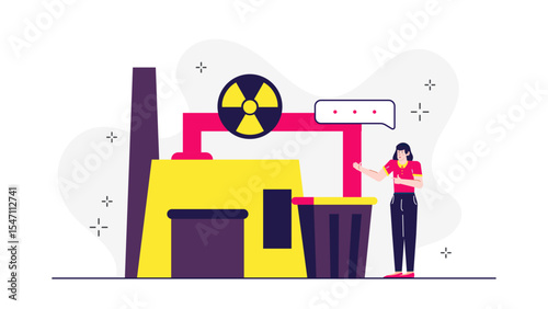 Woman poses near a radioactive waste disposal plant. Suitable for environmental crisis, pollution, nuclear waste, and industrial background concepts.