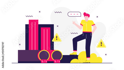 Man stands near leaking pipes and warning signs. Suitable for illustrating plumbing issues, home maintenance, water damage, construction safety.