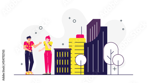 Two people talking in an urban setting, suitable for business or communication concepts in marketing, presentations, or editorial content.
