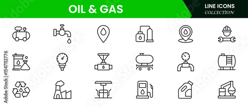 Robust vector web line icons depicting oil and gas, drilling, pipelines, refineries, and energy production for industrial operations.