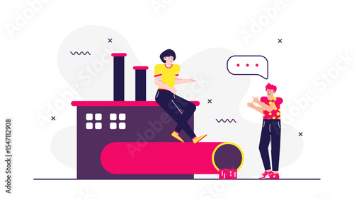 Two people discuss near a factory in a colorful illustration, suitable for industrial, business, and environmental concepts in designs.