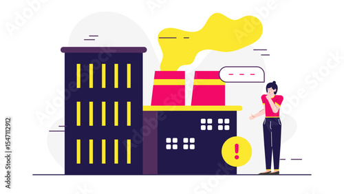 Factory polluting smokestacks, a woman worried in a polluted environment. Environmental concerns, industrial pollution, sustainability, climate change, carbon emissions concept.