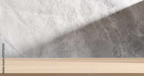 Empty wooden surface with grey concrete textured wall and subtle shadow, perfect as a minimalist product display or natural backdrop. Ideas for showcasing items in rustic, industrial, or modern themes