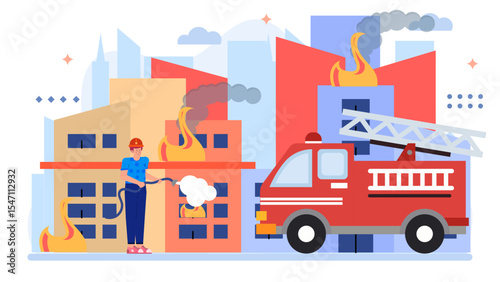 Firefighter puts out city building fire with a firetruck nearby. Suitable for firefighting, emergency services, urban safety, and disaster prevention themes.
