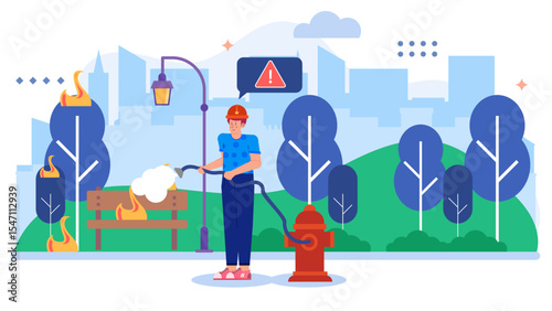 Fireman extinguishes park bench fire with hydrant; emergency response in action. Suitable for firefighter training materials, safety brochures, and educational resources.