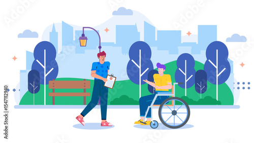 Man assisting wheelchair user outdoors, in a park setting. Suitable for healthcare, accessibility, disability awareness, and outdoor activity concepts.