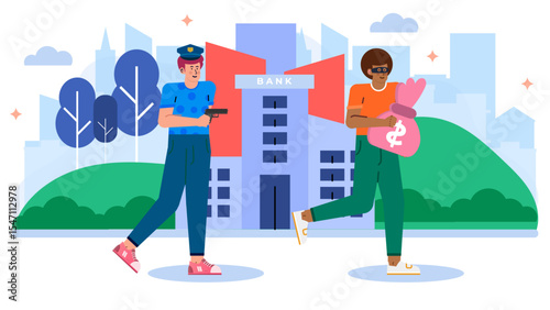 Police officer chasing thief with money bag near bank; suitable for crime related designs, security services, bank promotions, and financial crime concepts.