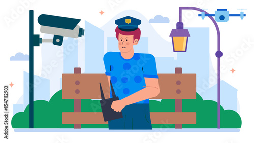 Police officer uses surveillance technology to monitor city park. Suitable for security, law enforcement, urban surveillance concept designs.
