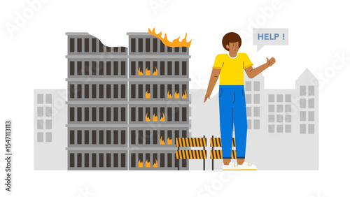 Burning building emergency, man calls for help. Suitable for illustrating rescue, crisis response, urban firefighting, and first responders concepts.