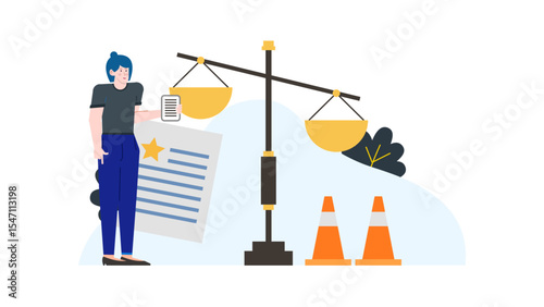 Woman with document and tablet stands near scales, traffic cones. Perfect for legal, business, and technology concepts, illustrating multitasking and efficiency.