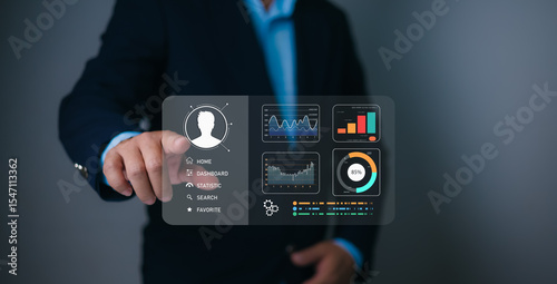 Businessman selecting candidate on a digital dashboard interface, analyzing talent profiles and data-driven HR insights for recruitment, teamwork, leadership, and workforce management.