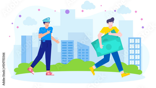 Police officer confronts man with cash. Suitable for crime prevention, financial crime, law enforcement, suspicious behavior, and police intervention concepts.