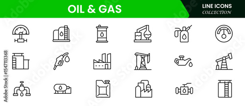 Robust vector web line icons depicting oil and gas, drilling, pipelines, refineries, and energy production for industrial operations.