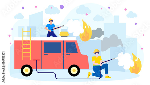 Two firefighters swiftly extinguish a city fire with the help of a firetruck. Ideal for firefighting or emergency service concepts.