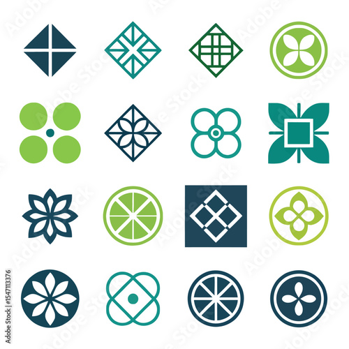 Geometric Patterns: A compilation of sixteen graphic designs and ornaments. Each geometric pattern provides a unique combination of shape, color, and design. showcasing a harmonious blend of lines.