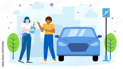 Parking attendant explains violation to driver. Suitable for websites, blog posts, articles related to traffic violations, parking regulations, and customer service.