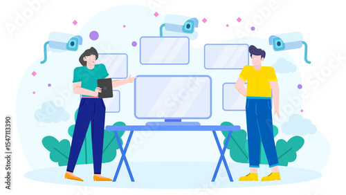 Two people monitoring security camera footage on multiple screens. Suitable for cybersecurity, surveillance, technology concepts in various designs.