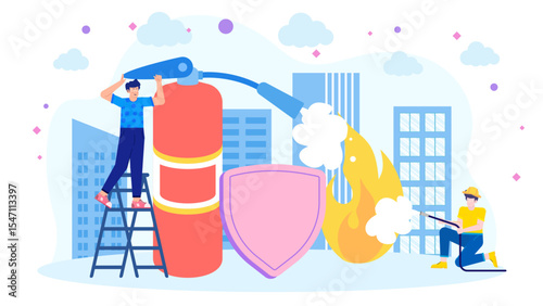 Illustration of fire safety gear and firefighters battling a building fire. Suitable for fire safety educational materials or emergency preparedness resources.