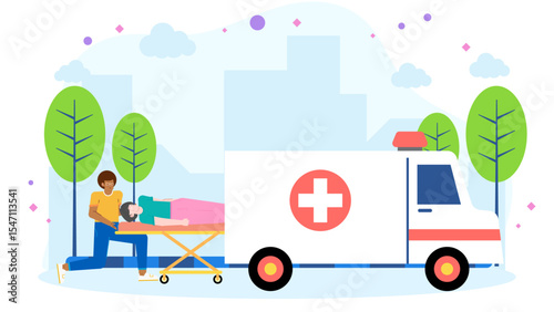 Ambulance and paramedic aid patient in emergency situation. Suitable for medical, healthcare, emergency services, and crisis management concepts use.