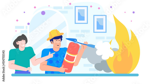Person extinguishing small fire; fire safety, emergency response training, workplace safety, fire prevention education, disaster preparedness, firefighting equipment concepts.