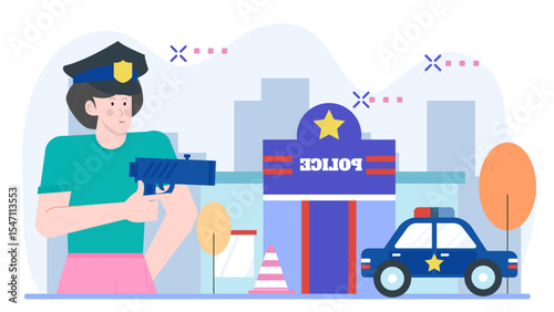 Female police officer with gun at station suitable for law enforcement, crime prevention, security concepts in editorial, promotional materials.