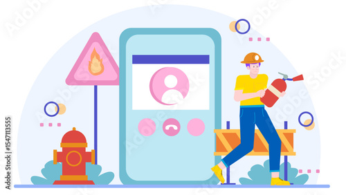 Firefighter on phone by fire hydrant, ideal for firefighting training materials, emergency response brochures, firefighter technology concept designs.