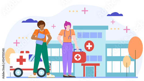 Two medical professionals near an ambulance and hospital. Suitable for medical websites, brochures, and educational materials regarding emergency services