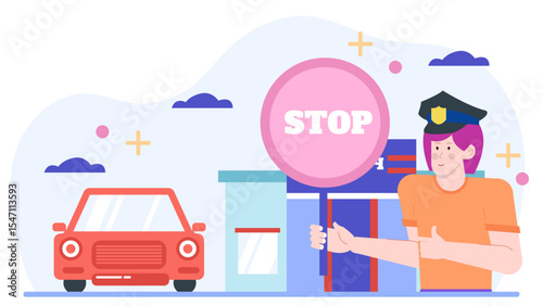 A police officer holding a stop sign near a red car. Suitable for traffic safety, law enforcement, and road regulations concepts.