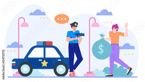 Police officer captures thief with money bag. Suitable for crime prevention, law enforcement, security, justice, theft, robbery, and arrest concepts.