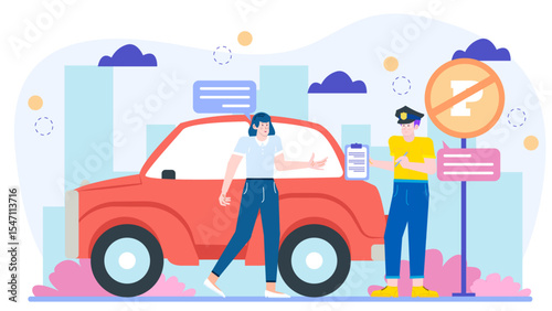 Woman receiving a parking ticket from a police officer near car. Suitable for traffic violation, law enforcement, urban lifestyle concepts.