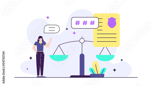 Woman carefully watches scales balancing a document and a password. Suitable for cybersecurity concepts, data protection, financial balance imagery, and digital security design projects.